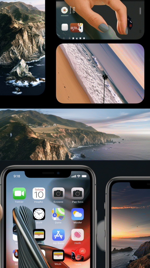 Verschiedene iPhone-Screenshots mit neuen Funktionen und Homescreen-Anpassungen in iOS 18, darunter Naturbilder und App-Icons.