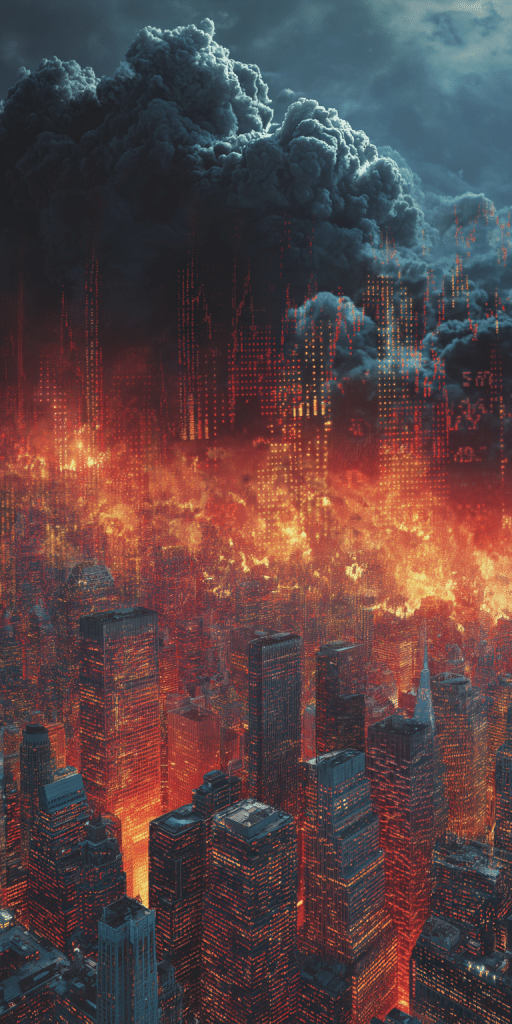 Eine moderne Großstadt steht in Flammen, überzogen von dunklen Rauchwolken und digitalen roten Datenmustern.