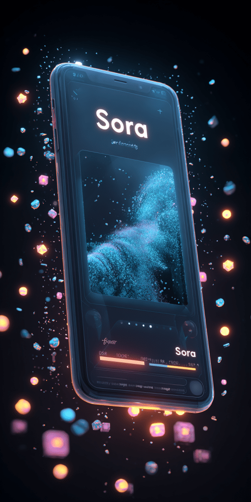 Leuchtendes Smartphone mit der App "Sora", umgeben von schwebenden Partikeln in dunkler Umgebung